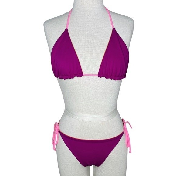 Victoria's Secret Bikini sz M * Side Tie Bottom Triangle Top Purple Orange Pink - Picture 1 of 12